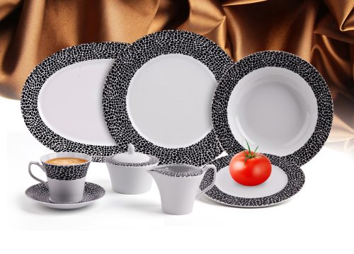 18 darabos Rotberg porcelán készlet, fekete márvány dekorral